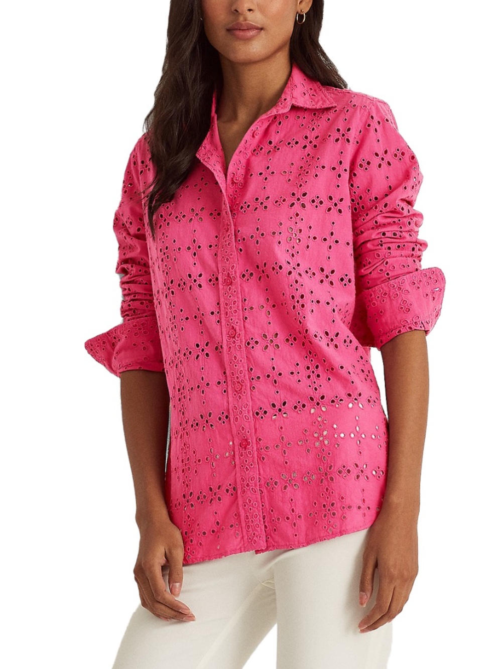 Lauren Ralph Lauren Hot Pink Eyelet Button Up Collared Long Sleeve Shirt Size SP - Picture 1 of 10